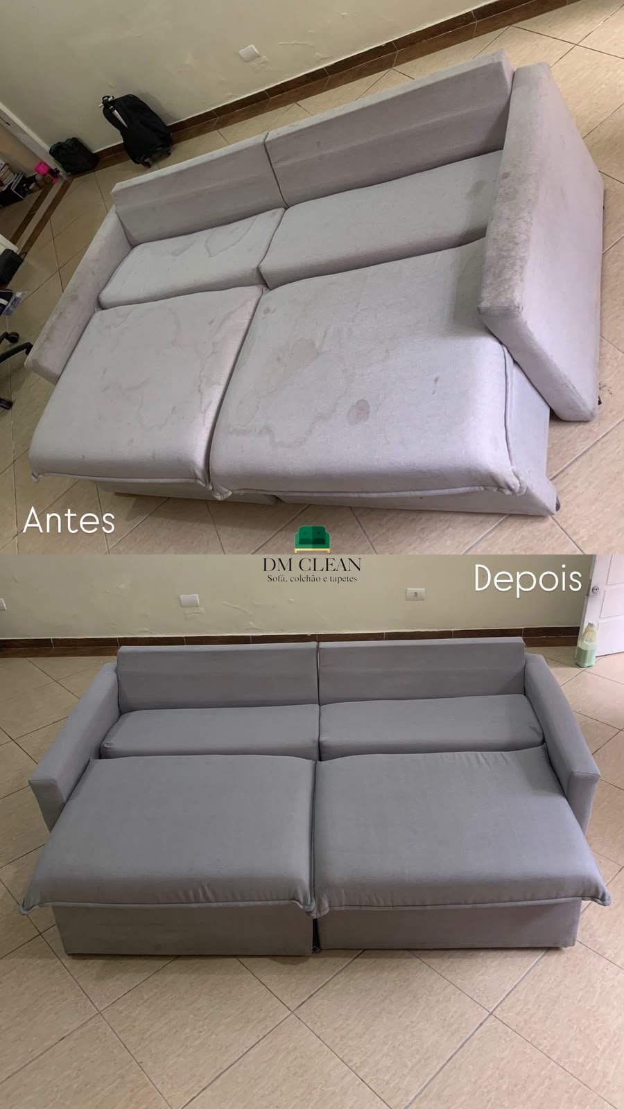 Antes e depois da higienização de um sofá cinza